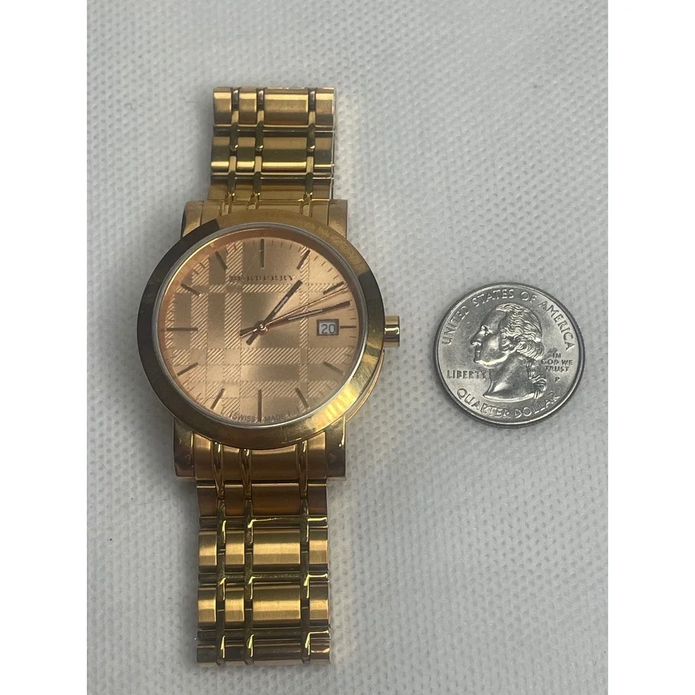Burberry The City Rose Gold Quartz Watch 37mm Engraved Monochrome Dial Date Feat